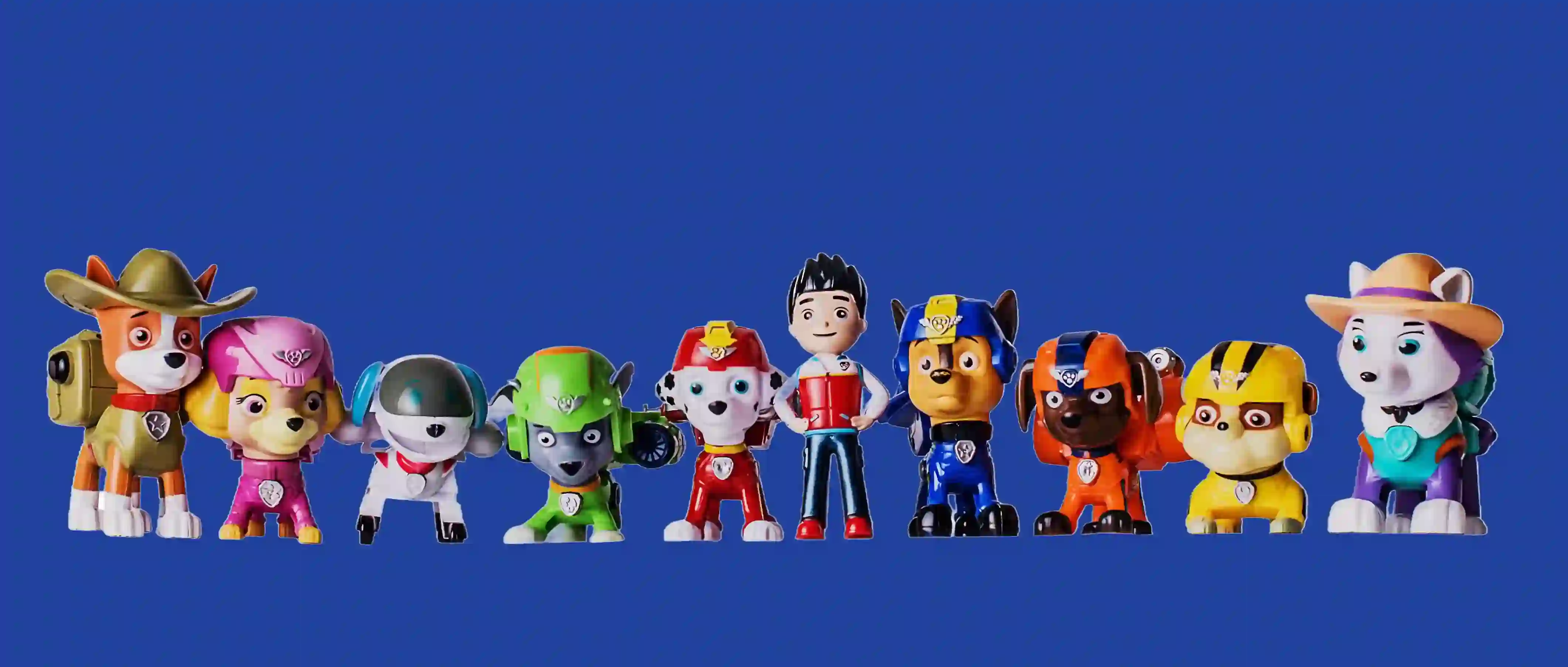 Des figurines des personnages de la Pat'Patrouille.  Tracker, Stella, Robo-Chien, Rocky, Ryder, Marcus, Chase, Zuma, Ruben, et Everest. Chaque personnage porte ses tenues caractéristiques de la série.