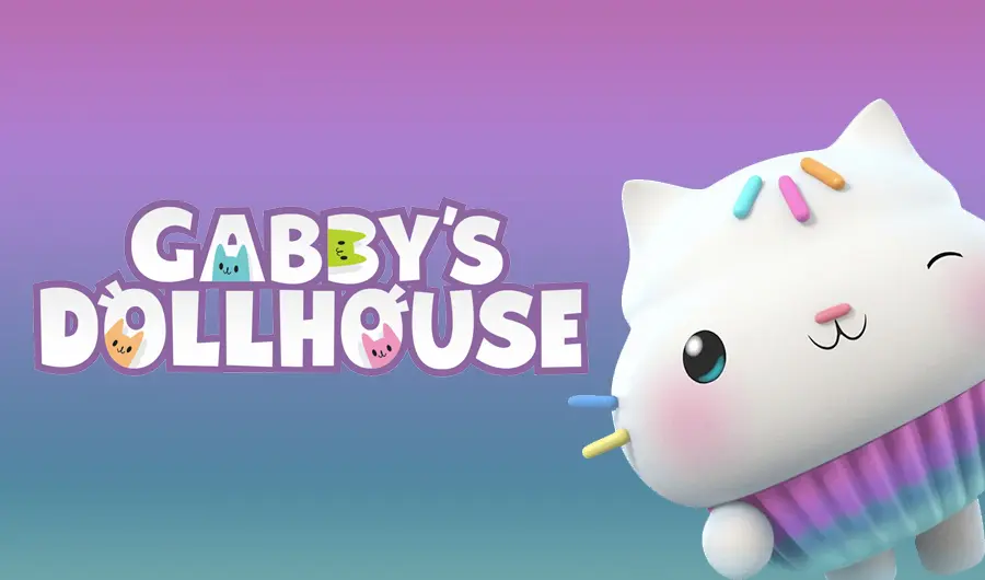  Logo coloré pour "Gabby's Dollhouse" avec des lettres ludiques contenant des visages de chatons, accompagné d'un grand chat souriant, conçu comme un cupcake, avec des couleurs pastel et des pépites sur la tête.