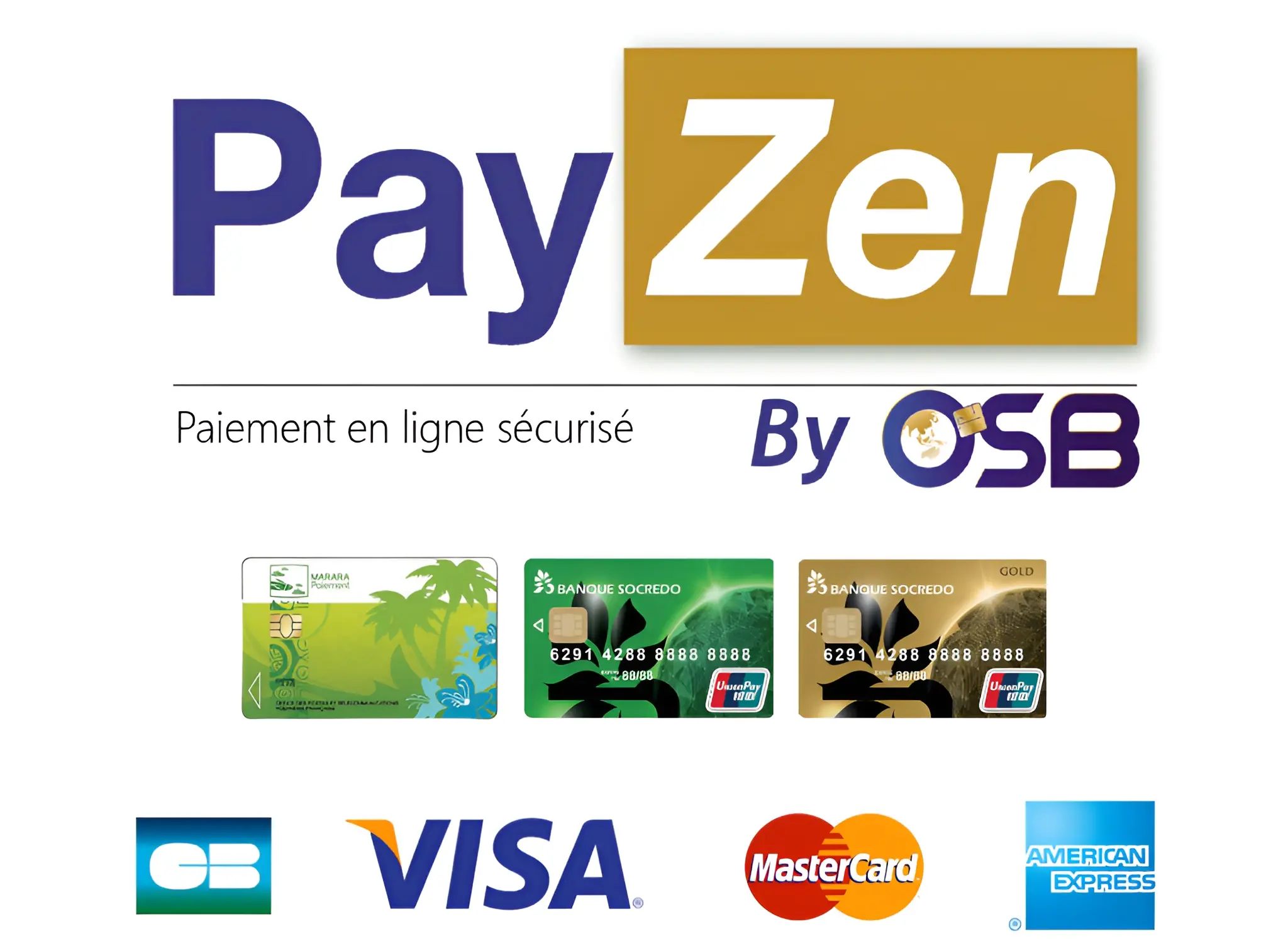 Visuels des cartes de paiement de la Banque de Polynésie, SOCREDO, et Marama Payment, affichées avec le service PayZen pour le paiement sécurisé en ligne, et acceptant Visa, MasterCard, et American Express.